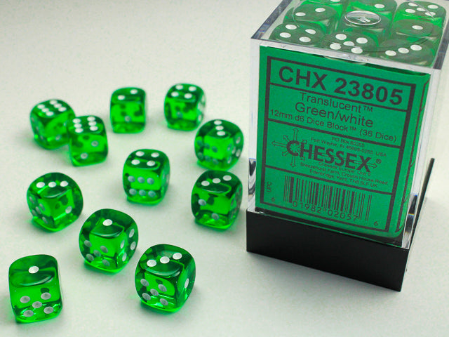 D6 -- 12MM TRANSLUCENT DICE, GREEN/WHITE; 36CT