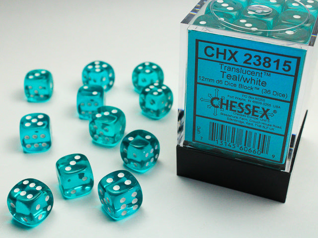 D6 -- 12MM TRANSLUCENT DICE, TEAL/WHITE; 36CT
