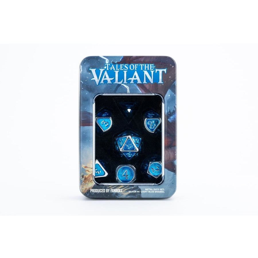 FANROLL: TALES OF THE VALIANT: METAL DICE SET: SILVER W/ LIGHT BLUE ENAMEL