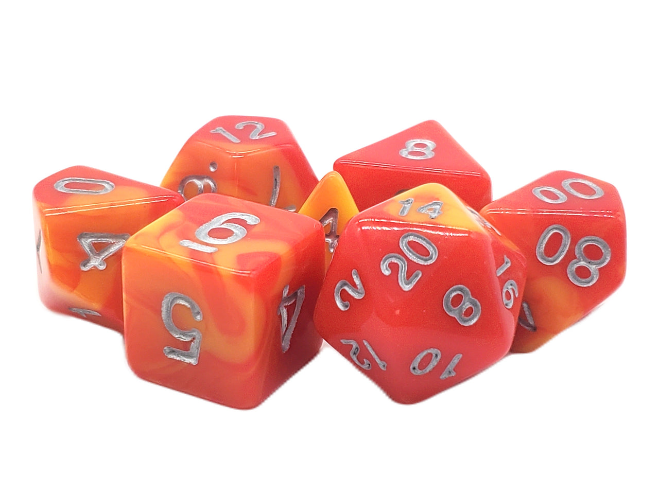 Old School 7 Piece DnD RPG Dice Set: Vorpal - Red & Yellow w/ Silver