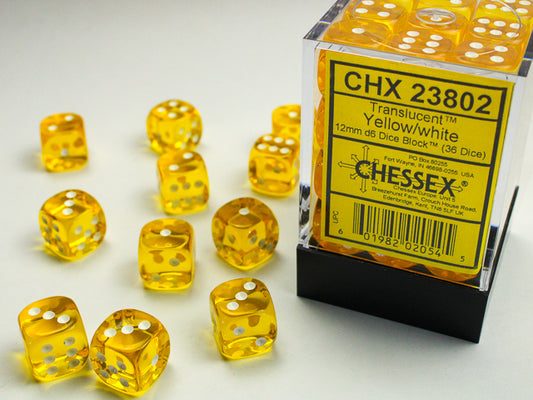 D6 -- 12MM TRANSLUCENT DICE, YELLOW/WHITE; 36CT