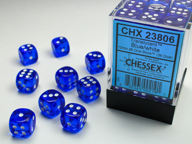 D6 -- 12MM TRANSLUCENT DICE, BLUE/WHITE; 36CT