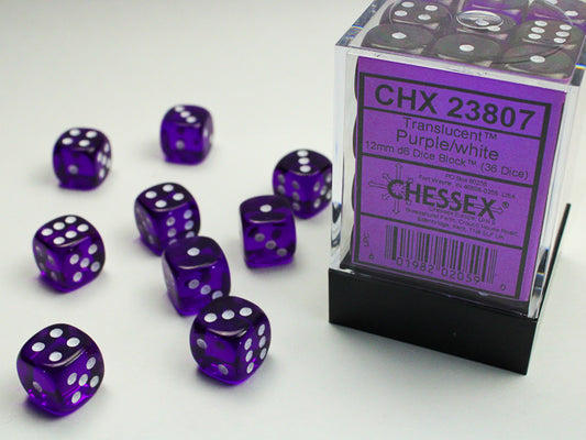 D6 -- 12MM TRANSLUCENT DICE, PURPLE/WHITE; 36CT