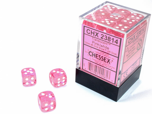 D6 -- 12MM TRANSLUCENT DICE, PINK/WHITE; 36CT