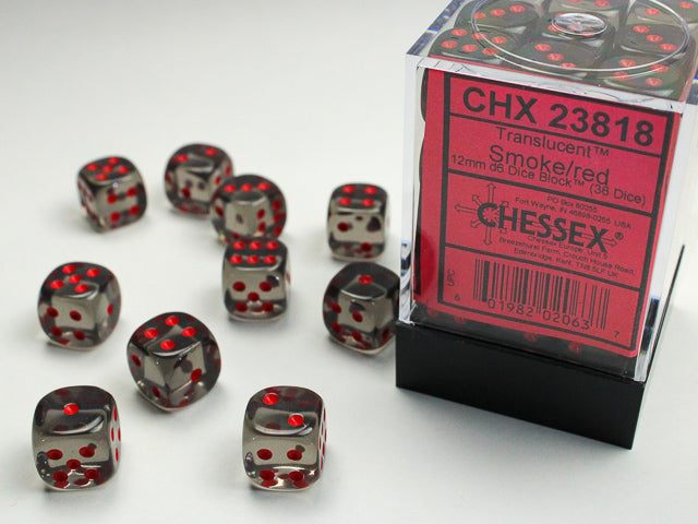 D6 -- 12MM TRANSLUCENT DICE, SMOKE/RED; 36CT