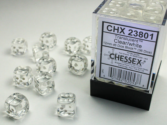 D6 -- 12MM TRANSLUCENT DICE, CLEAR/WHITE; 36CT