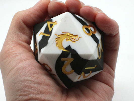 Old School Dice: Silicone 50mm D20 - Black & White w/ Gold ****