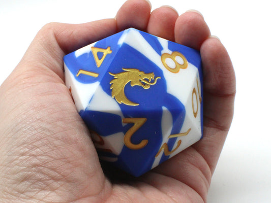 Old School Dice: Silicone 50mm D20 - Blue & White w/ Gold ****