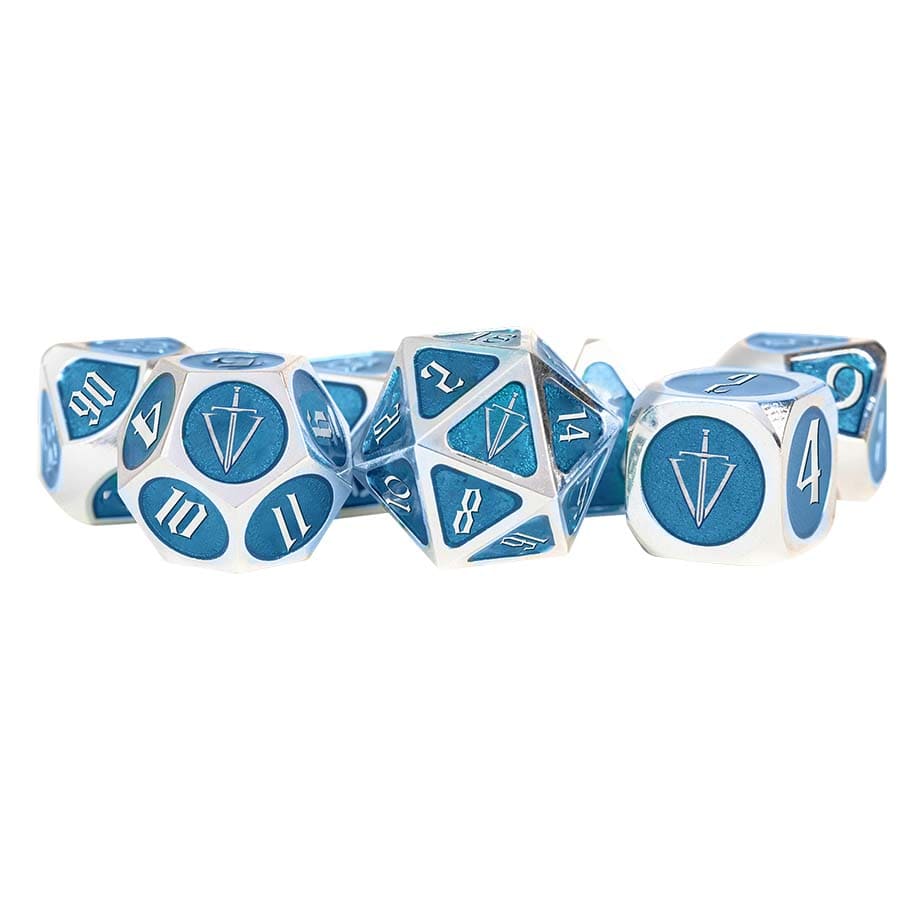 FANROLL: TALES OF THE VALIANT: METAL DICE SET: SILVER W/ LIGHT BLUE ENAMEL