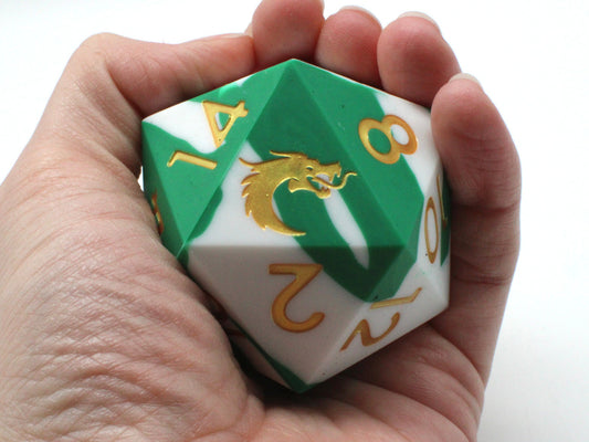 Old School Dice: Silicone 50mm D20 - Green & White w/ Gold ****