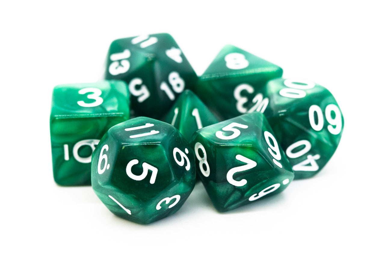 Old School 7 Piece DnD RPG Dice Set: Pearl Drop - Green