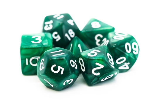 Old School 7 Piece DnD RPG Dice Set: Pearl Drop - Green