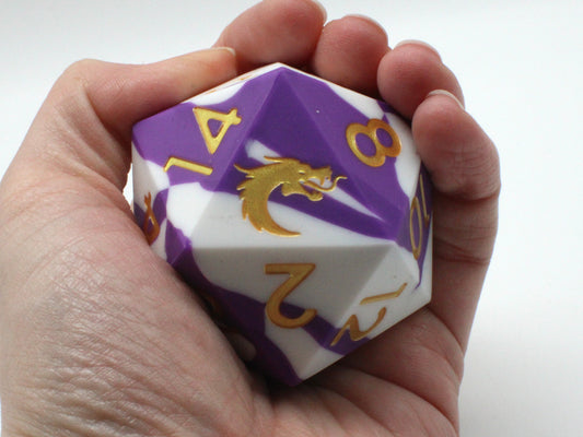 Old School Dice: Silicone 50mm D20 - Purple & White w/ Gold ****