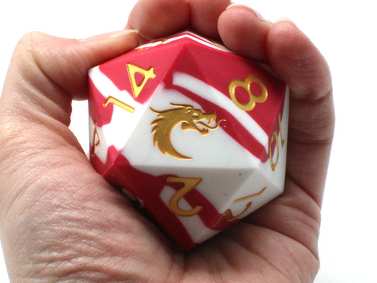 Old School Dice: Silicone 50mm D20 - Red & White w/ Gold ****