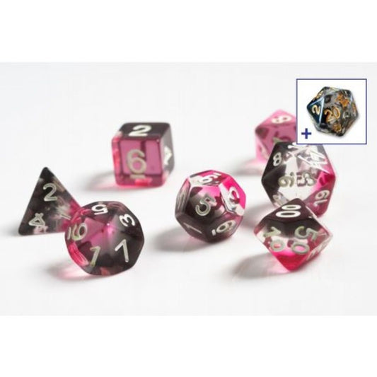 7CT SEMI-TRANSLUCENT POLY DICE SET - PINK CLEAR AND BLACK RESIN