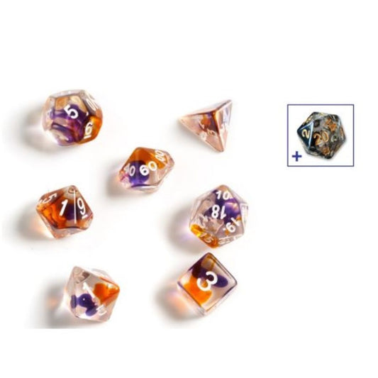 7CT TRANSLUCENT POLY DICE SET - PURPLE AND ORANGE