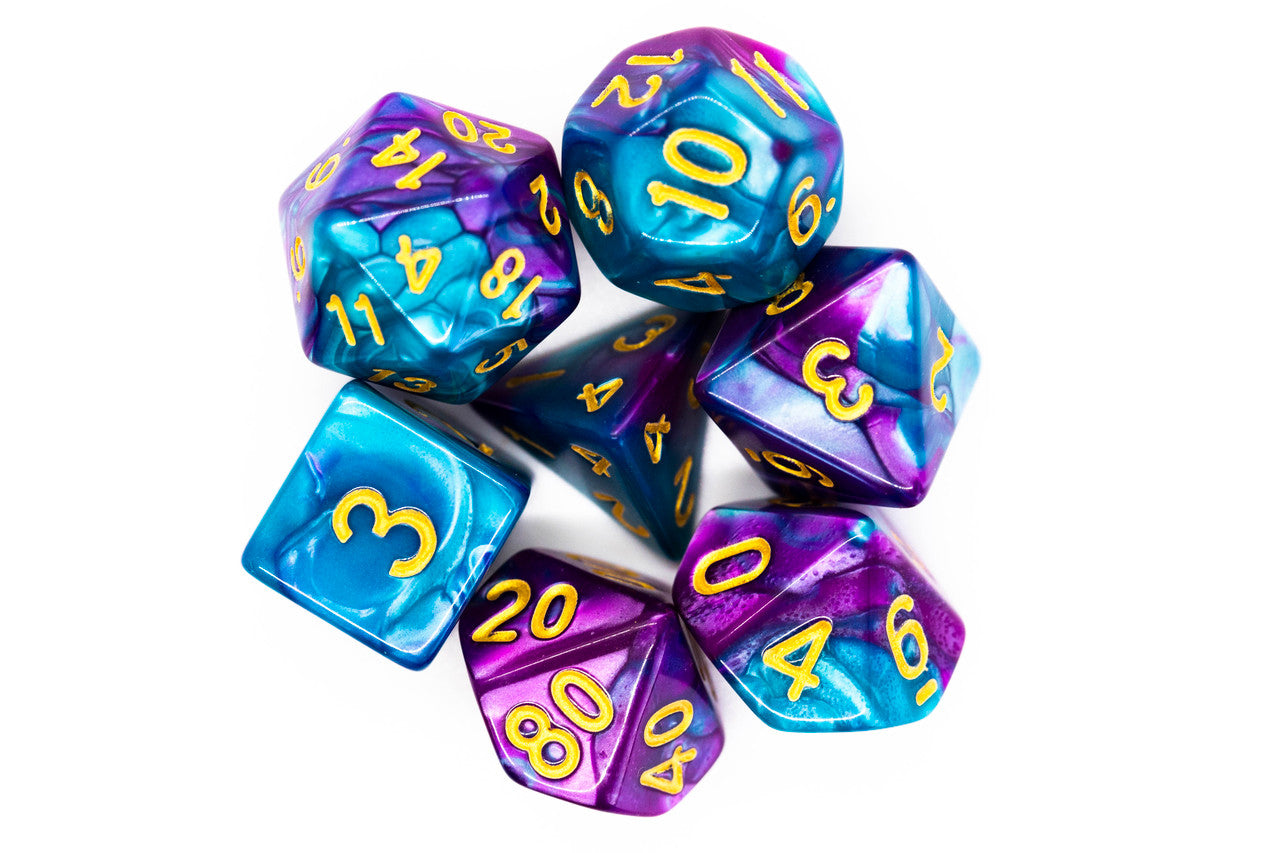 Old School 7 Piece DnD RPG Dice Set: Vorpal - Teal & Lavender w/ Gold